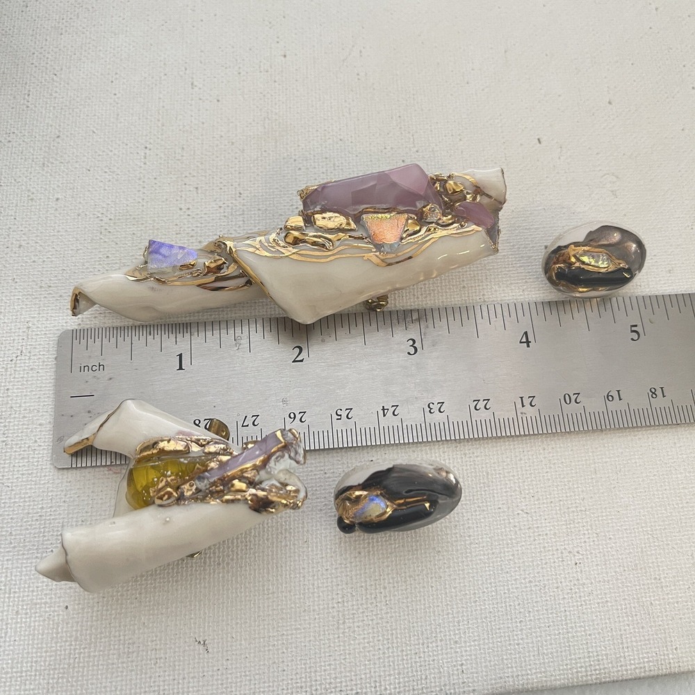 3 pc Vintage Artisan Glazed Ceramic Dichroic Glass Gold Brooch Earring Set 80s - Picture 11 of 11